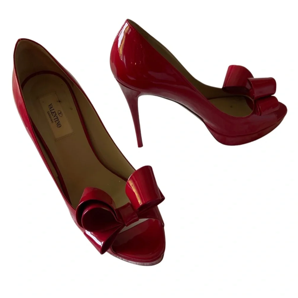 Valentino Garavani Red Patent Leather Bow Peep-Toe Stiletto Pumps